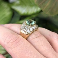 Estate 17K Gold AAA Green Amethyst Baguette Diamond Cocktail Ring, 10.66g