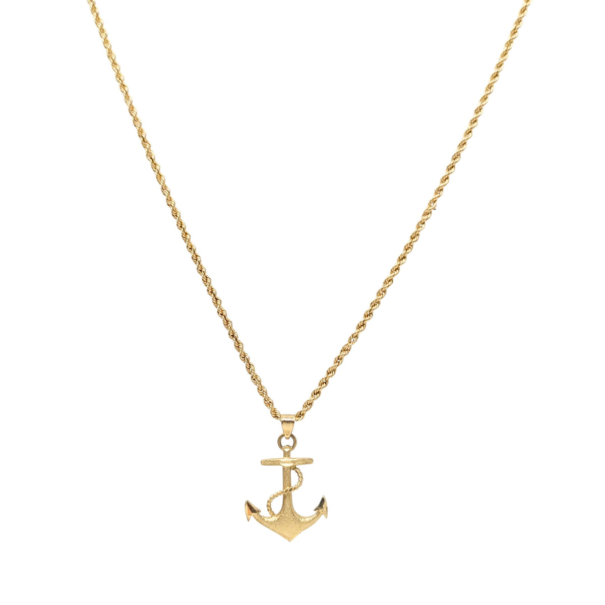 10K Yellow Gold Textured Anchor Pendant Necklace, 18", 2.4mm Rope Chain