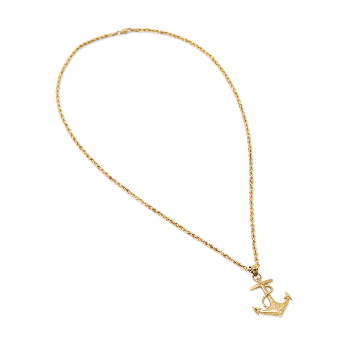 10K Yellow Gold Textured Anchor Pendant Necklace, 18", 2.4mm Rope Chain