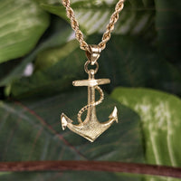 10K Yellow Gold Textured Anchor Pendant Necklace, 18", 2.4mm Rope Chain