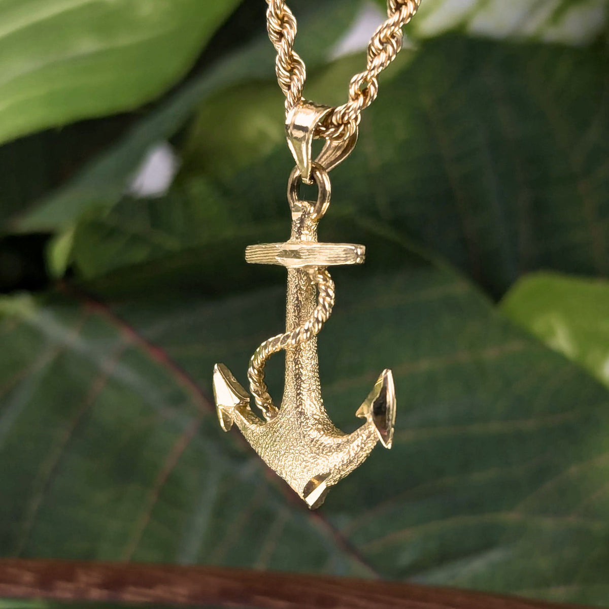10K Yellow Gold Textured Anchor Pendant Necklace, 18", 2.4mm Rope Chain