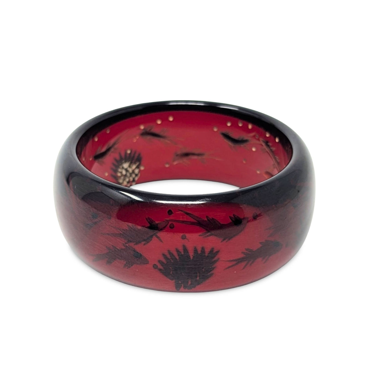 Vintage Cherry Juice Red Bakelite Reverse Carved Bangle, Fish/Aquarium Motif