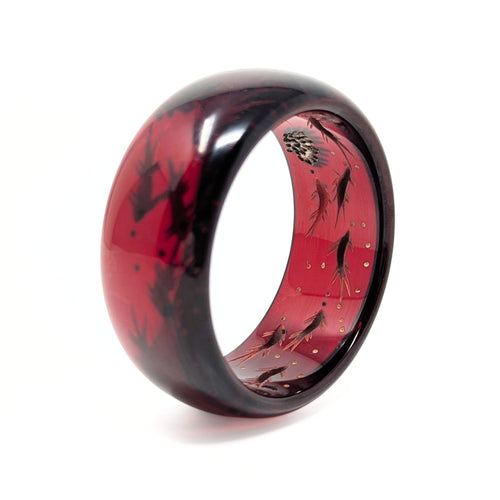 Vintage Cherry Juice Red Bakelite Reverse Carved Bangle, Fish/Aquarium Motif