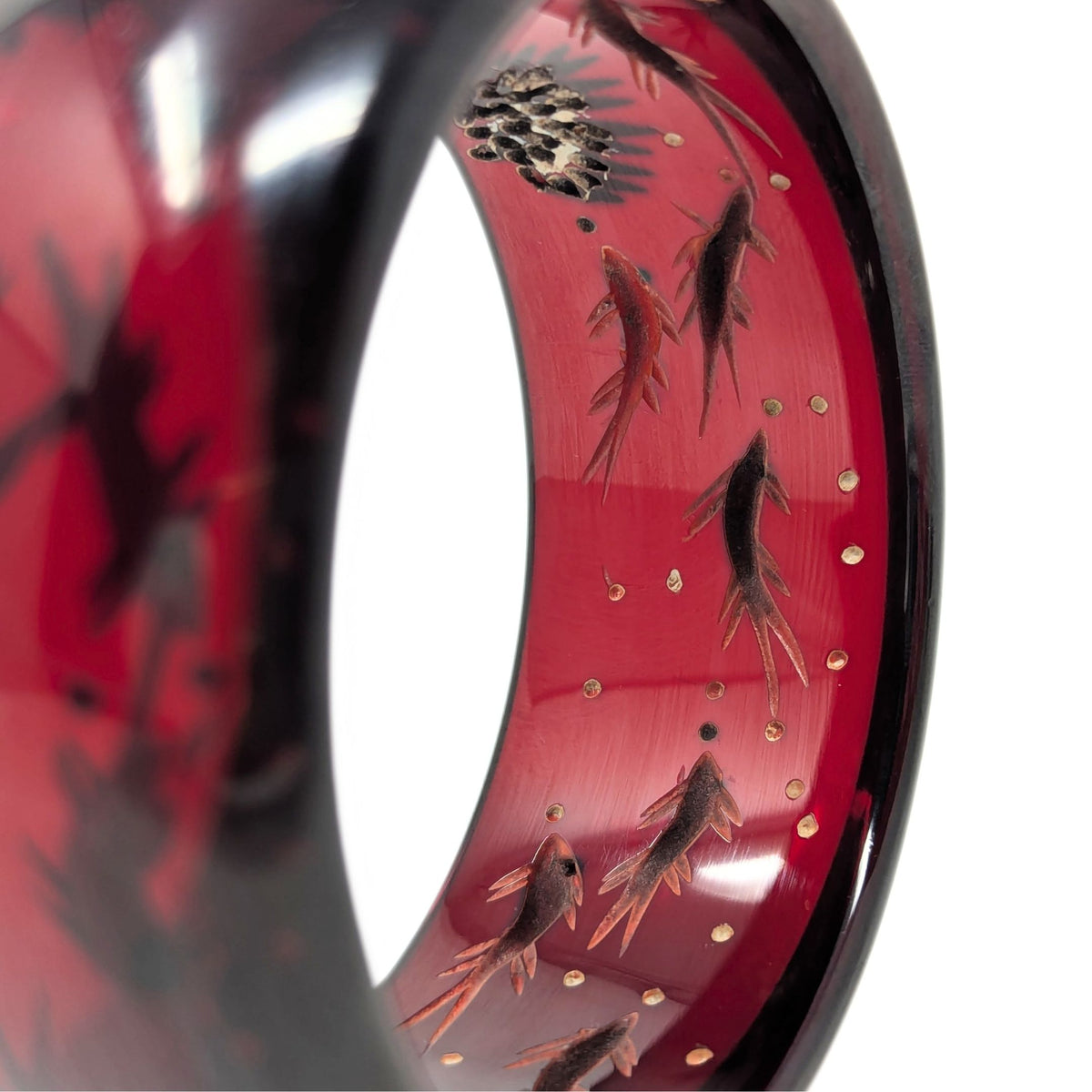 Vintage Cherry Juice Red Bakelite Reverse Carved Bangle, Fish/Aquarium Motif