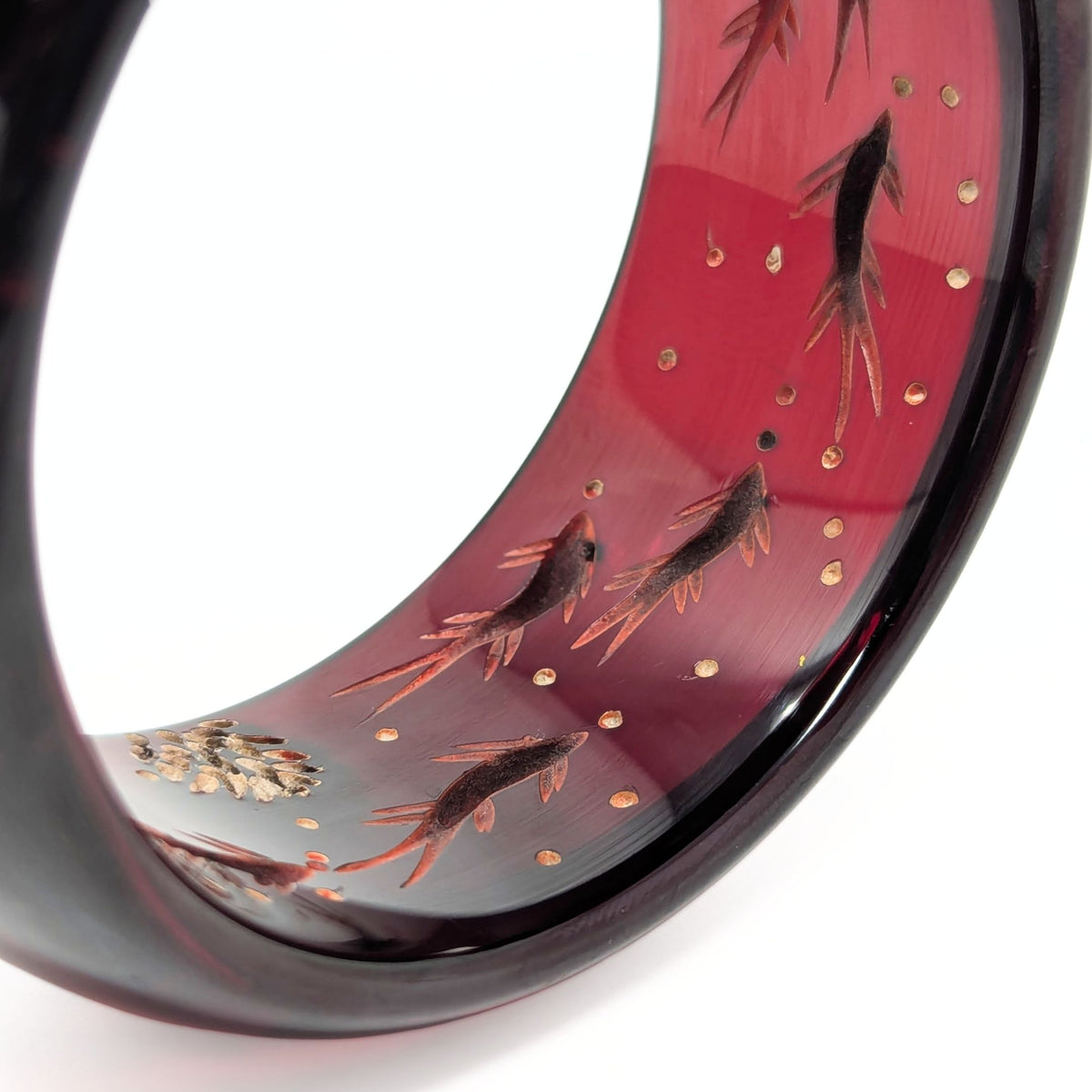 Vintage Cherry Juice Red Bakelite Reverse Carved Bangle, Fish/Aquarium Motif