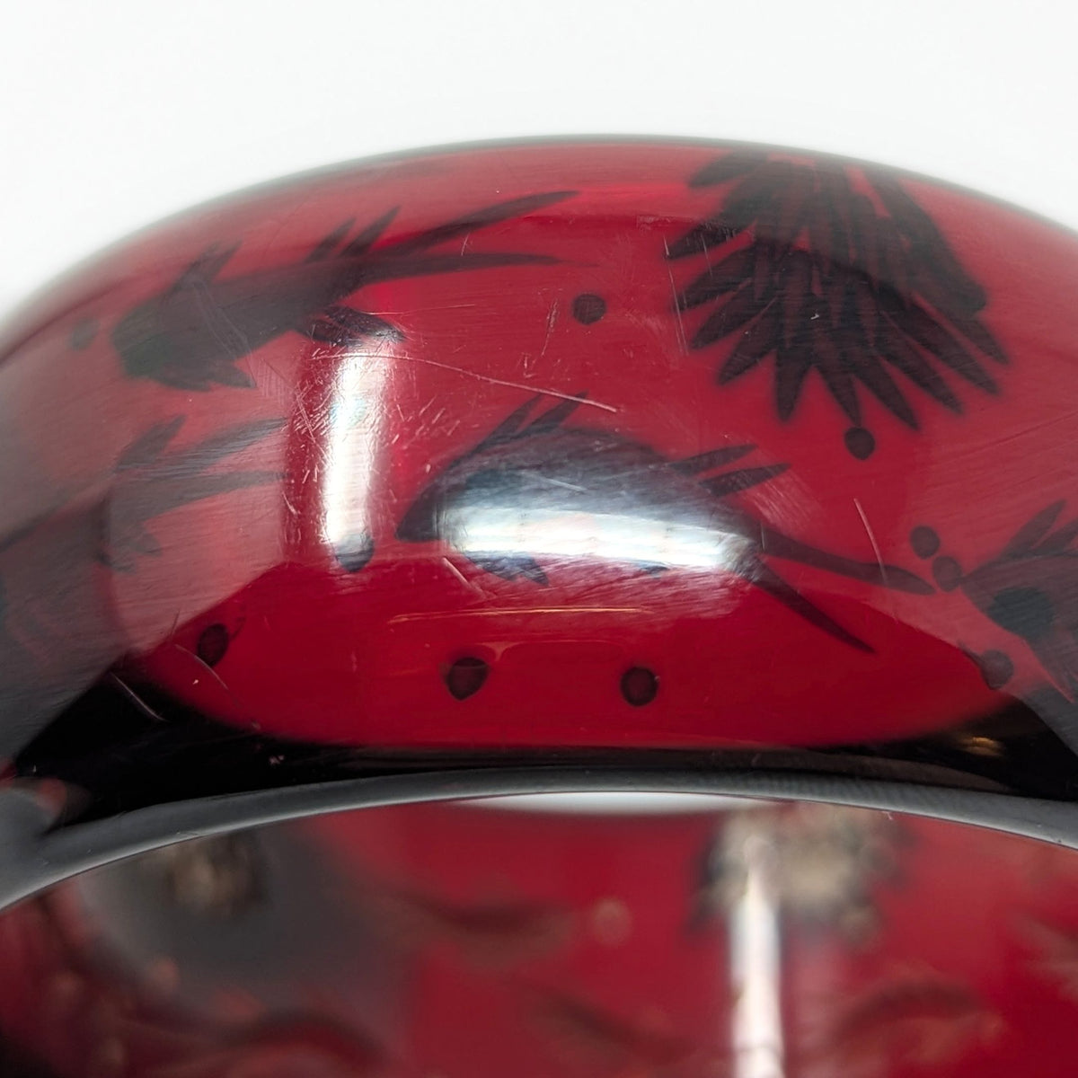 Vintage Cherry Juice Red Bakelite Reverse Carved Bangle, Fish/Aquarium Motif