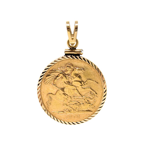 1978 British Gold Full Sovereign Coin Pendant in 14K Yellow Gold Bezel, 9.1g