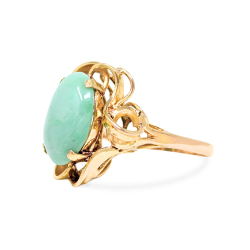 Vintage 14K Gold Green Jadeite Jade Cocktail Ring - Size 5 1/8 - 3.91g