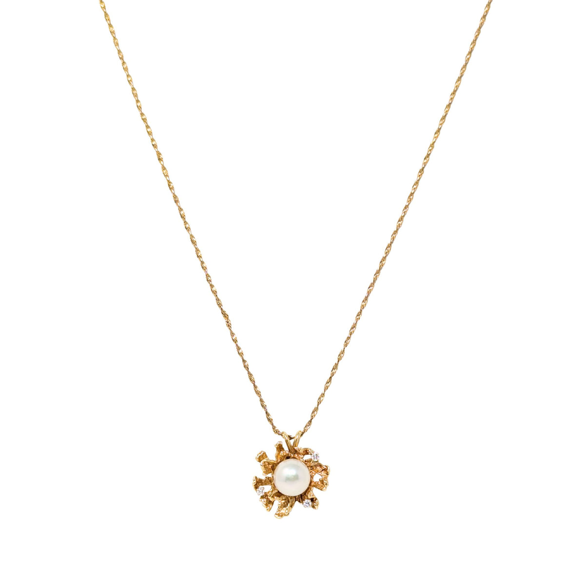 Vintage 14K Gold 9.6mm Pearl & Diamond Pendant on 20" Twisted Bismarck Chain