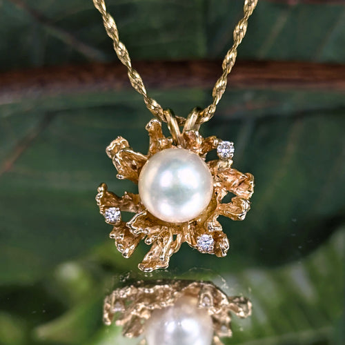 Vintage 14K Gold 9.6mm Pearl & Diamond Pendant on 20" Twisted Bismarck Chain