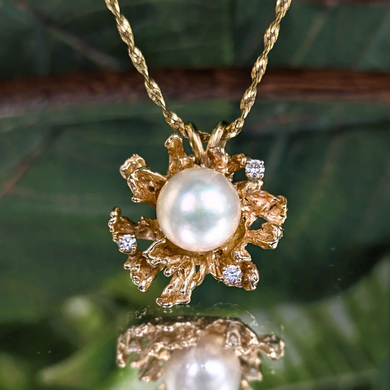 Vintage 14K Gold 9.6mm Pearl & Diamond Pendant on 20" Twisted Bismarck Chain