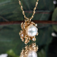 Vintage 14K Gold 9.6mm Pearl & Diamond Pendant on 20" Twisted Bismarck Chain