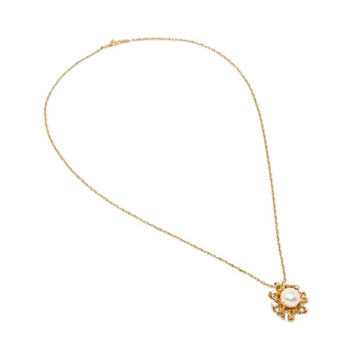 Vintage 14K Gold 9.6mm Pearl & Diamond Pendant on 20" Twisted Bismarck Chain