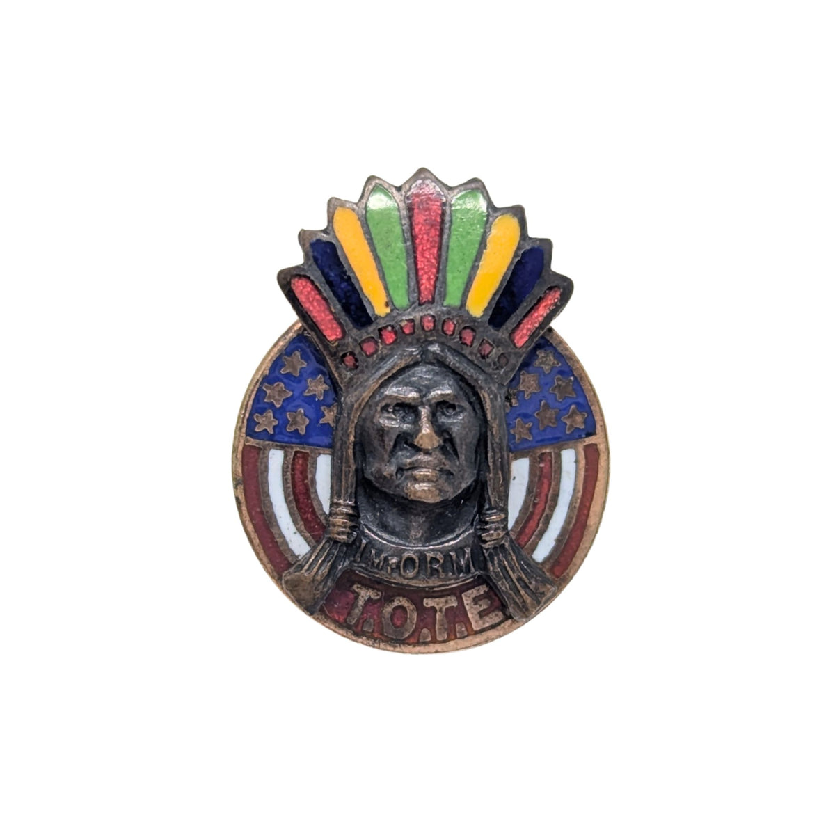 Antique 1908 Improved Order of Red Men Screw-Back Pin, TOTE Enamel Chief