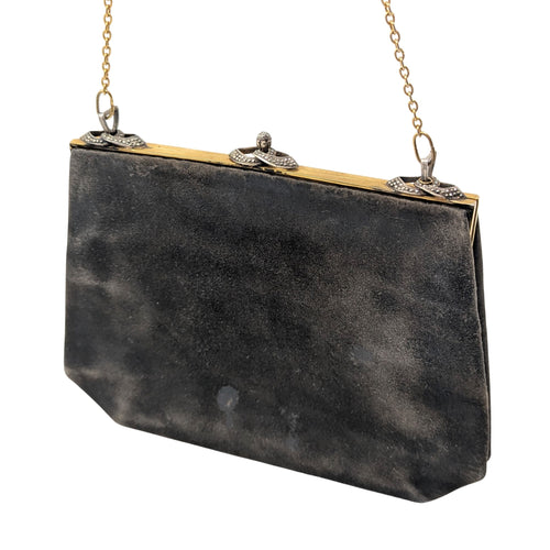 Vintage 1940s GUCCI Black Suede Evening Clutch Art Deco Marcasite Clasp 46"