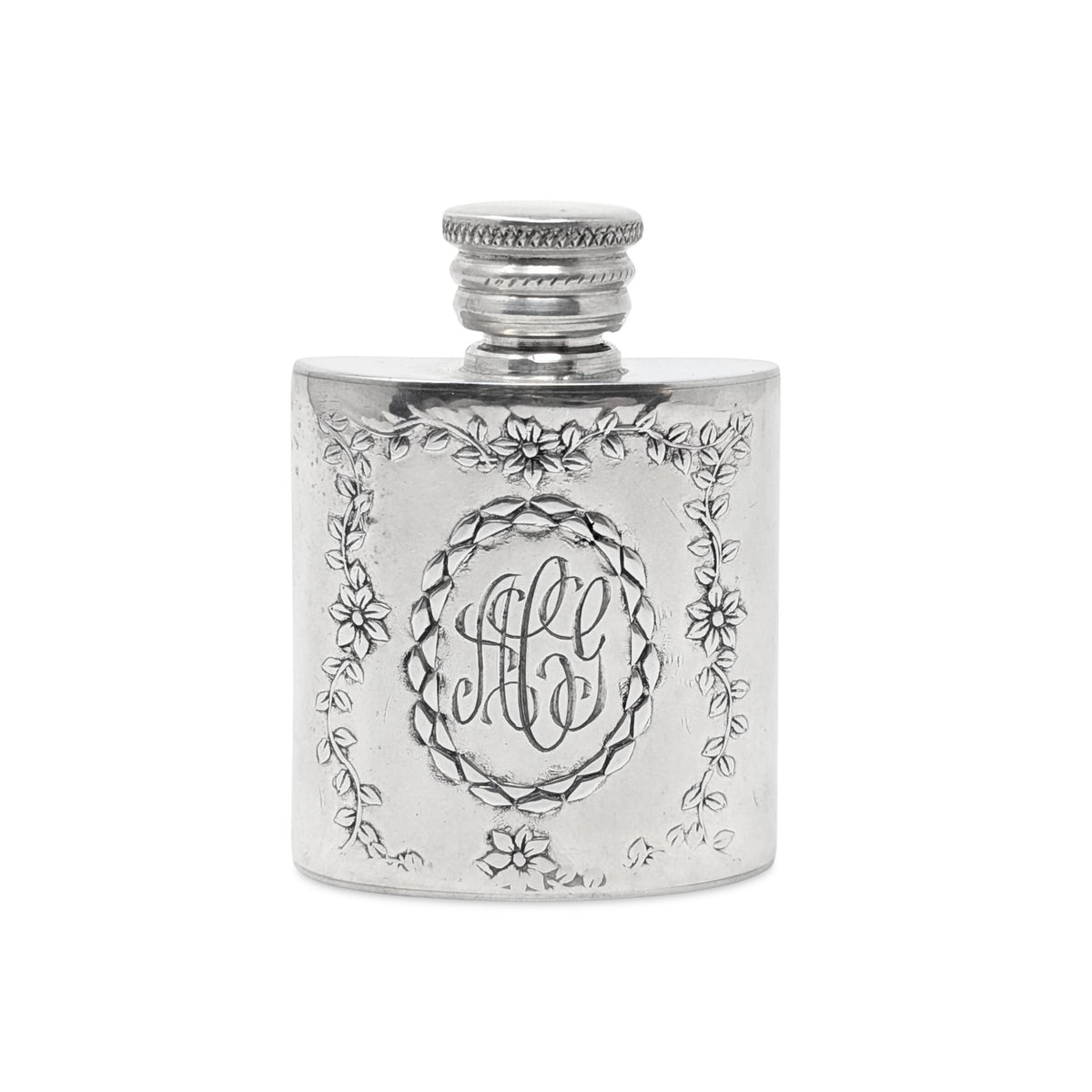 Vintage Pinder Bros 1oz Miniature Repousse Pewter Pocket Flask, Engraved ACG