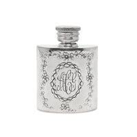 Vintage Pinder Bros 1oz Miniature Repousse Pewter Pocket Flask, Engraved ACG