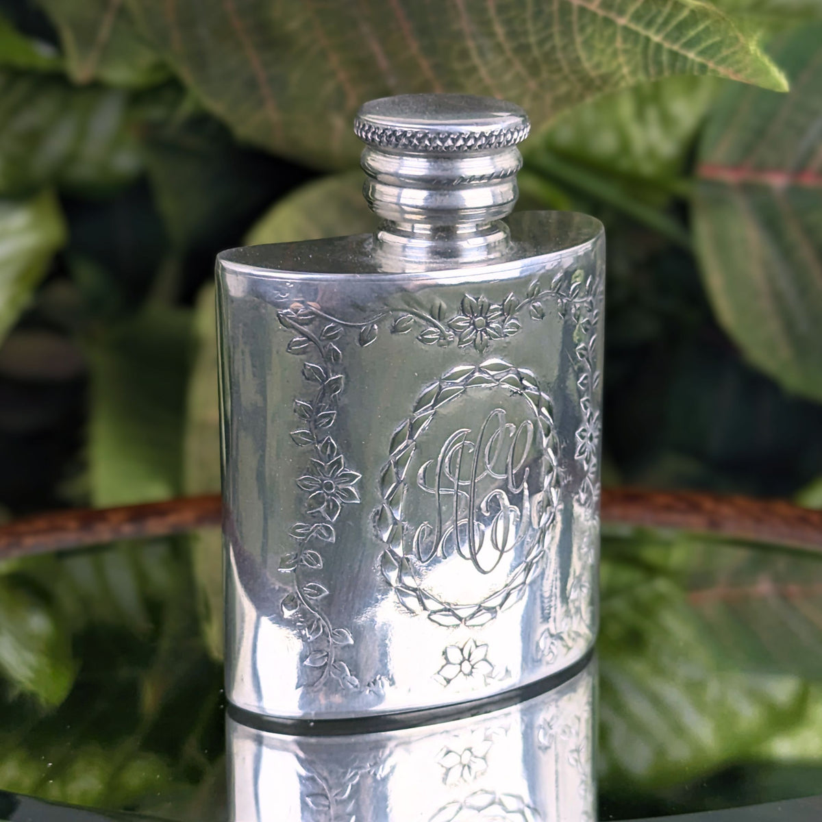 Vintage Pinder Bros 1oz Miniature Repousse Pewter Pocket Flask, Engraved ACG