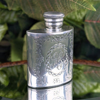 Vintage Pinder Bros 1oz Miniature Repousse Pewter Pocket Flask, Engraved ACG