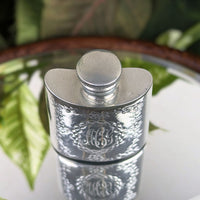 Vintage Pinder Bros 1oz Miniature Repousse Pewter Pocket Flask, Engraved ACG