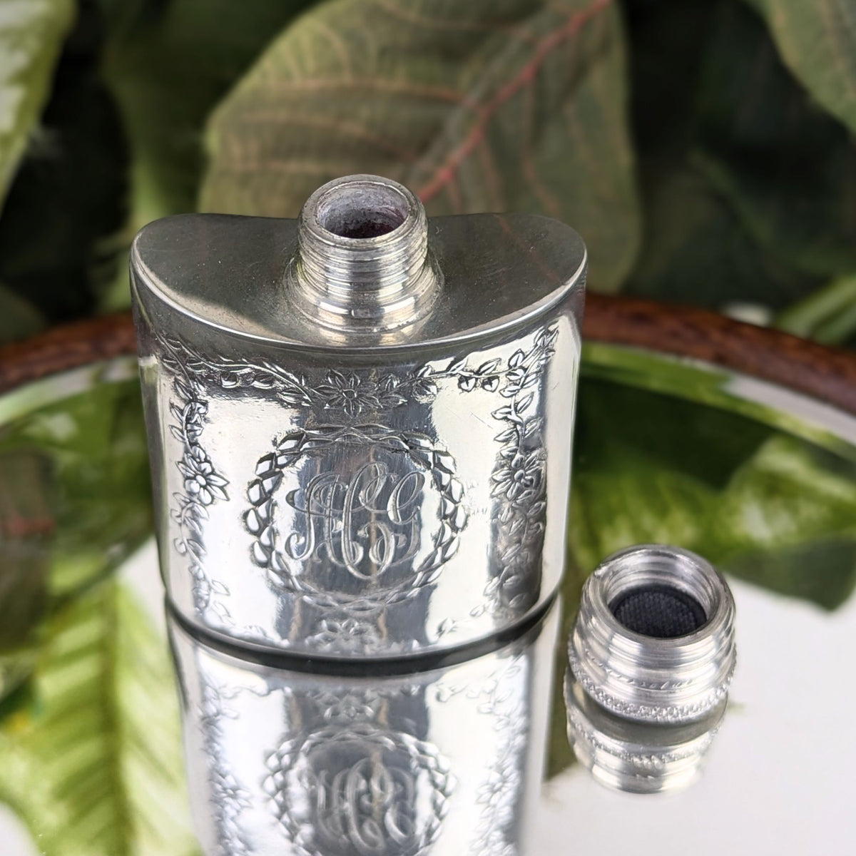 Vintage Pinder Bros 1oz Miniature Repousse Pewter Pocket Flask, Engraved ACG
