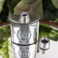Vintage Pinder Bros 1oz Miniature Repousse Pewter Pocket Flask, Engraved ACG