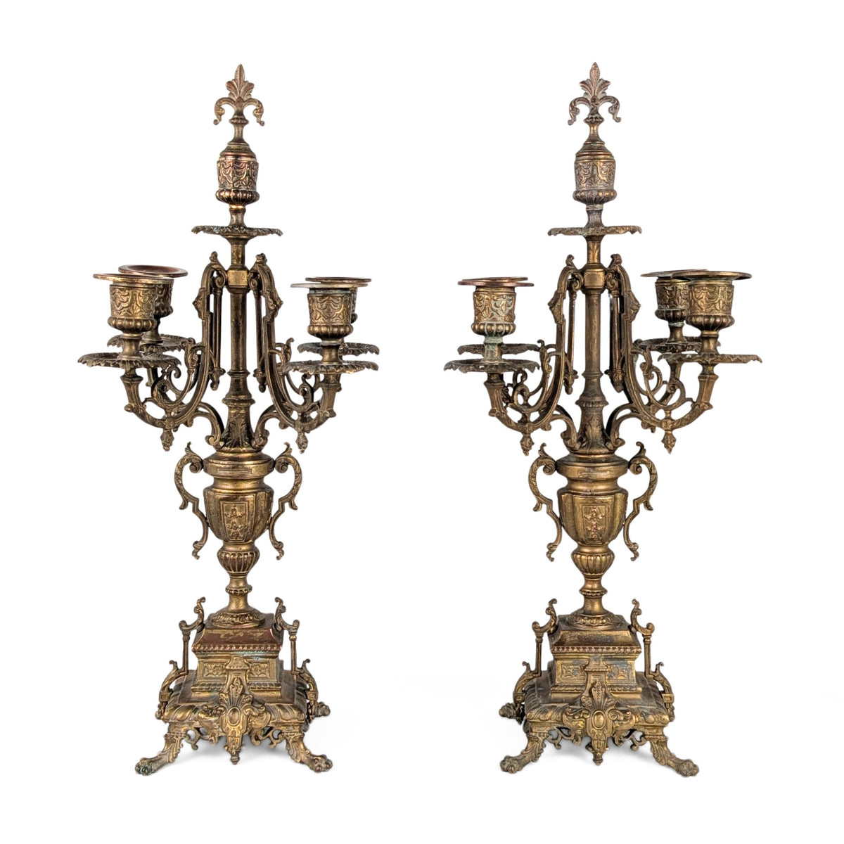 Antique Pair of 5-Arm Brass Candelabra, 19th c. Rococo Revival