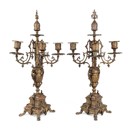 Antique Pair of 5-Arm Brass Candelabra, 19th c. Rococo Revival