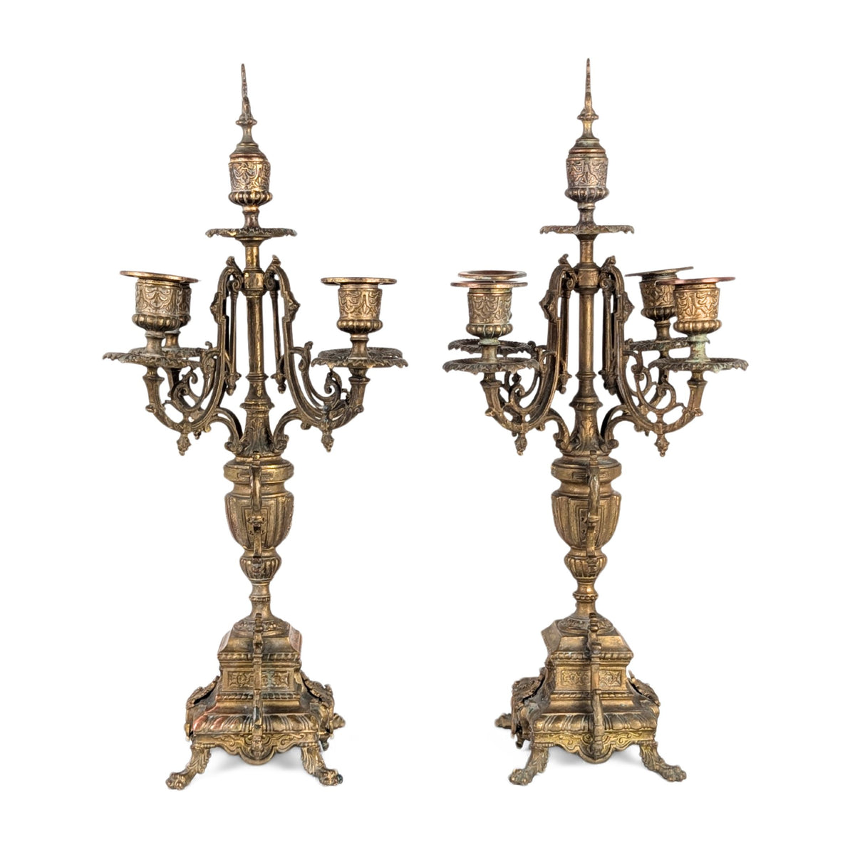 Antique Pair of 5-Arm Brass Candelabra, 19th c. Rococo Revival
