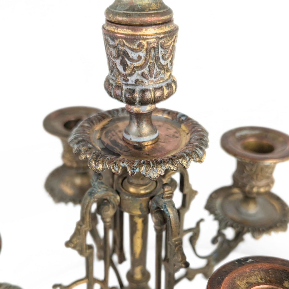 Antique Pair of 5-Arm Brass Candelabra, 19th c. Rococo Revival