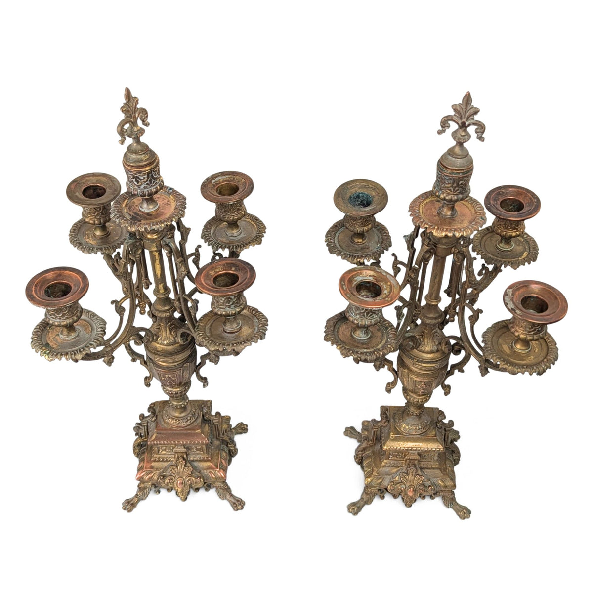 Antique Pair of 5-Arm Brass Candelabra, 19th c. Rococo Revival