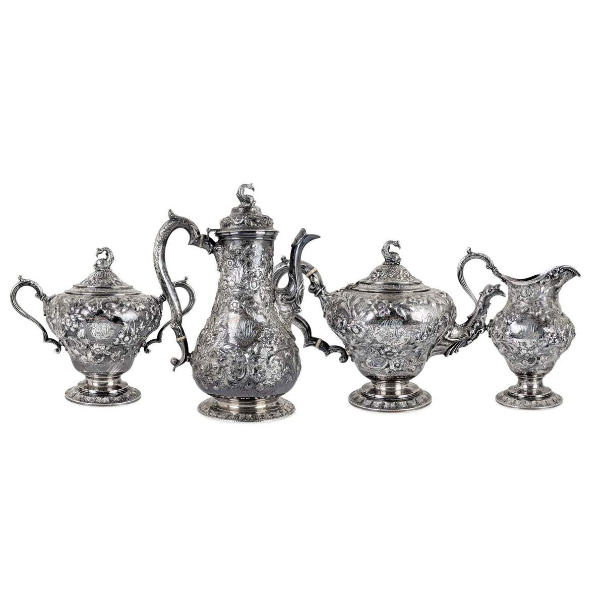 S. Kirk & Son "Repousse" 4pc Sterling Silver Tea/Coffee Service, Figural Dolphin