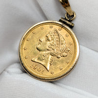 1901 US $5 Gold Liberty Head Half Eagle Coin Pendant W/ 14K Bezel, 9.92g