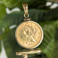 1901 US $5 Gold Liberty Head Half Eagle Coin Pendant W/ 14K Bezel, 9.92g