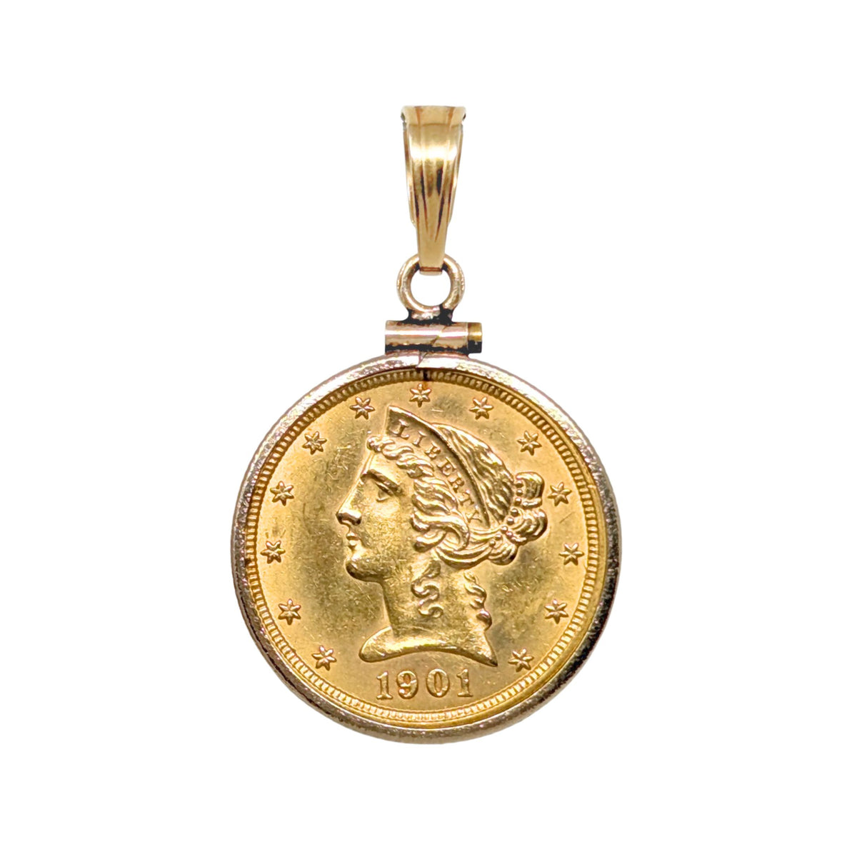 1901 US $5 Gold Liberty Head Half Eagle Coin Pendant W/ 14K Bezel, 9.92g
