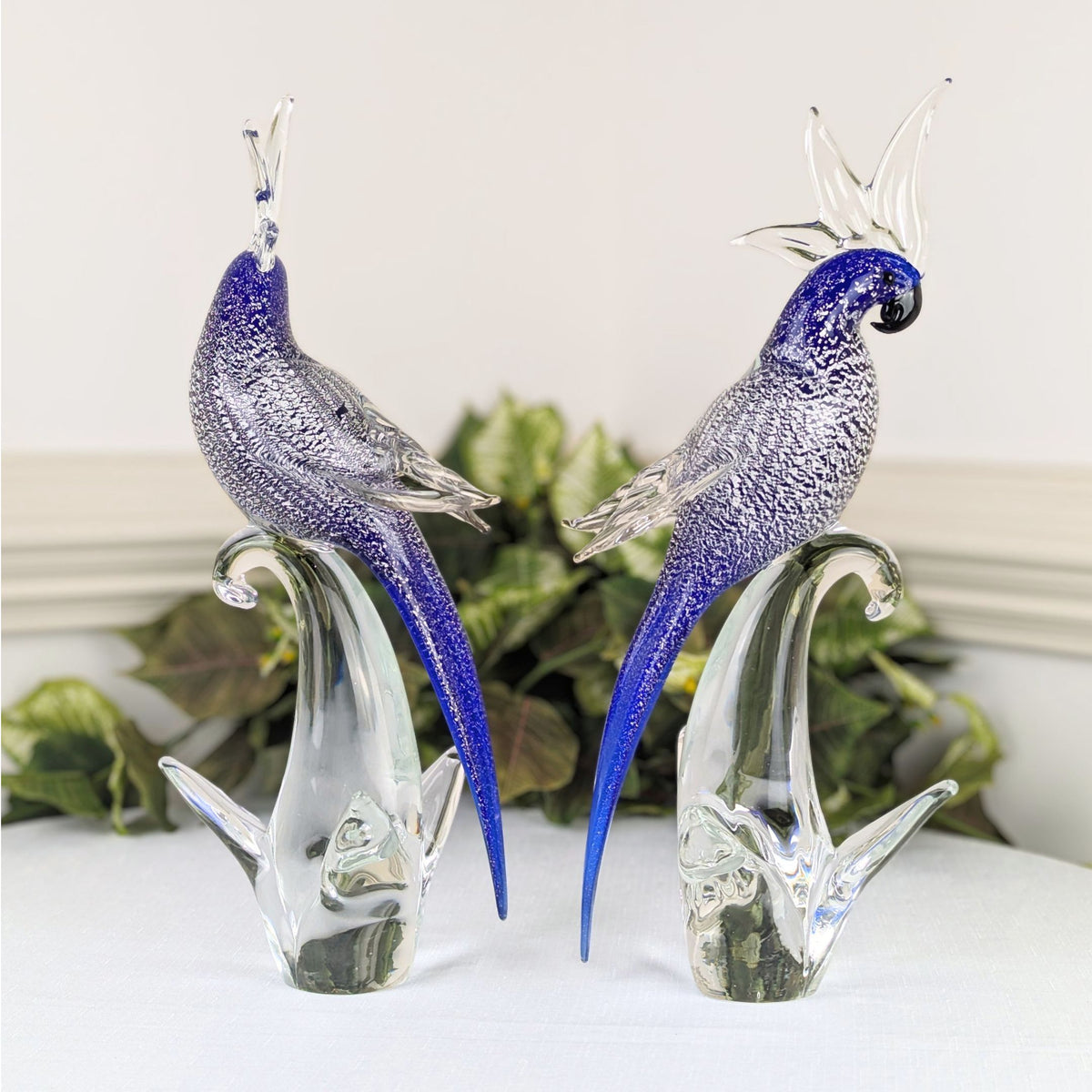 Vintage Murano Art Glass Blue Cockatoo Parrot Sculptures (Pair)