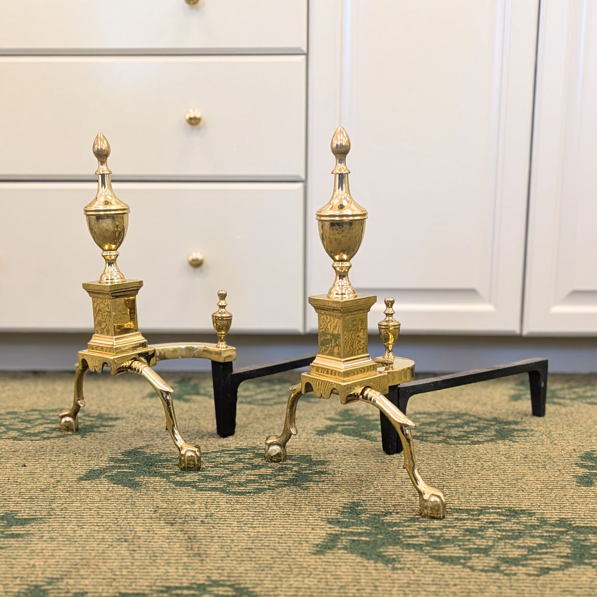 Vintage Virginia Metalcrafters Brass Andirons Model #1000H (Pair)