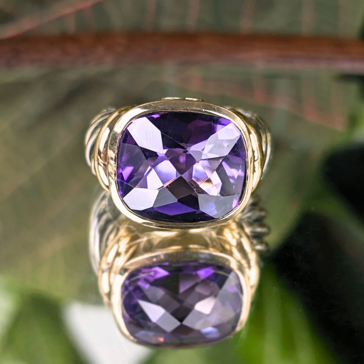 David Yurman .925 Sterling/ 14K Gold Amethyst Noblesse Ring - Size 6.25