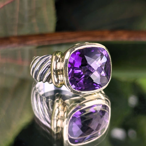 David Yurman .925 Sterling/ 14K Gold Amethyst Noblesse Ring - Size 6.25