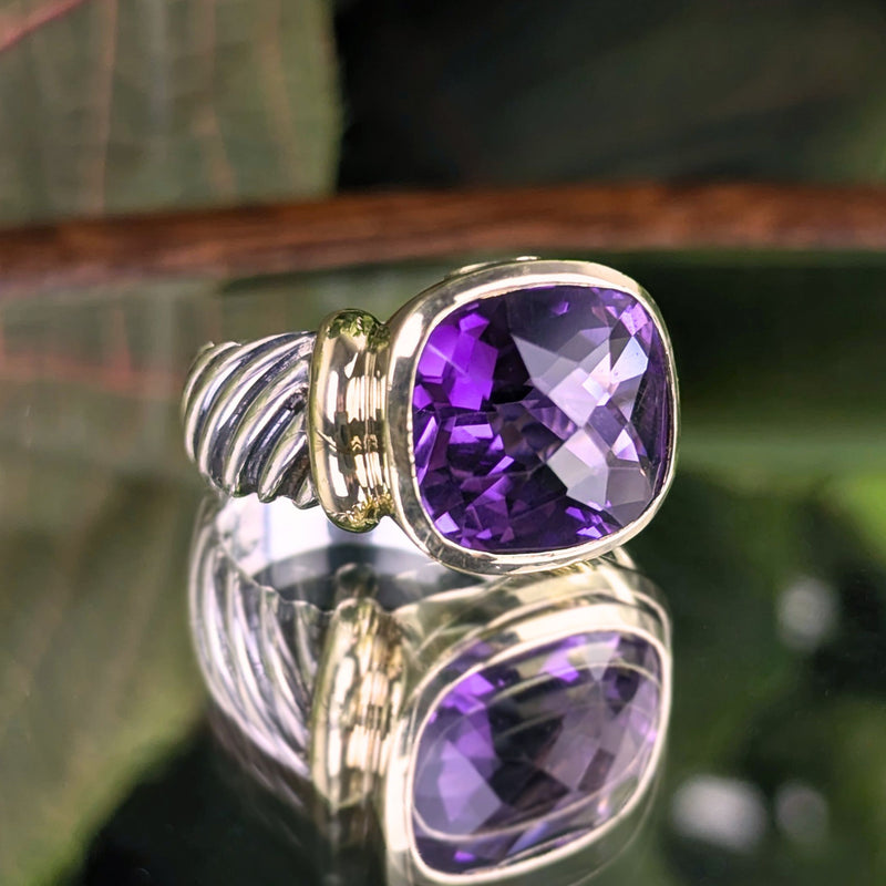 David Yurman .925 Sterling/ 14K Gold Amethyst Noblesse Ring - Size 6.25