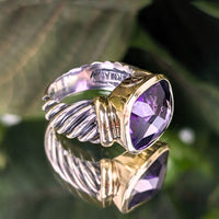 David Yurman .925 Sterling/ 14K Gold Amethyst Noblesse Ring - Size 6.25