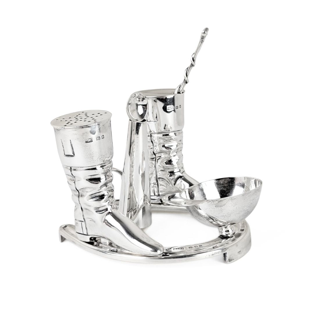 Edwardian 1905 Mappin & Webb Sterling Equine/Horse Jockey Horseshoe Cruet Set