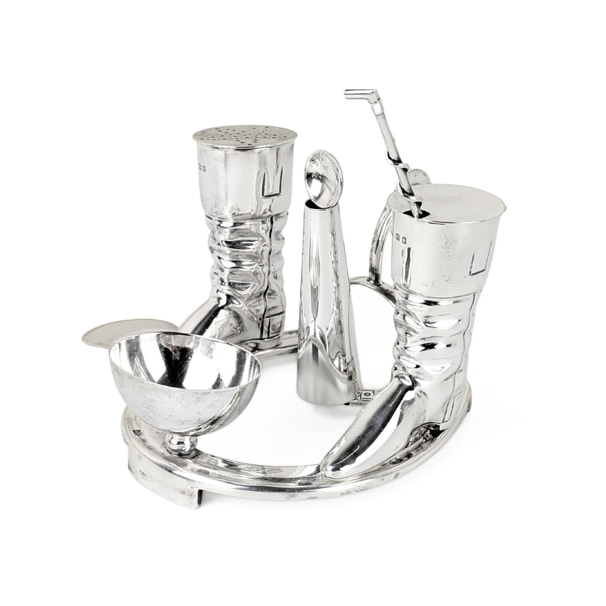 Edwardian 1905 Mappin & Webb Sterling Equine/Horse Jockey Horseshoe Cruet Set