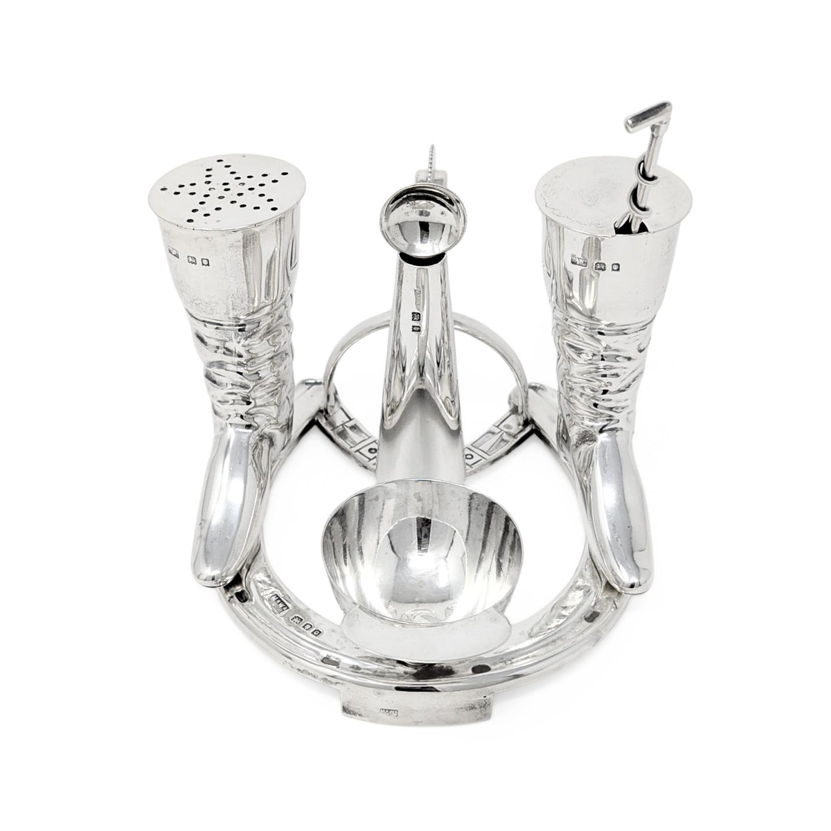 Edwardian 1905 Mappin & Webb Sterling Equine/Horse Jockey Horseshoe Cruet Set