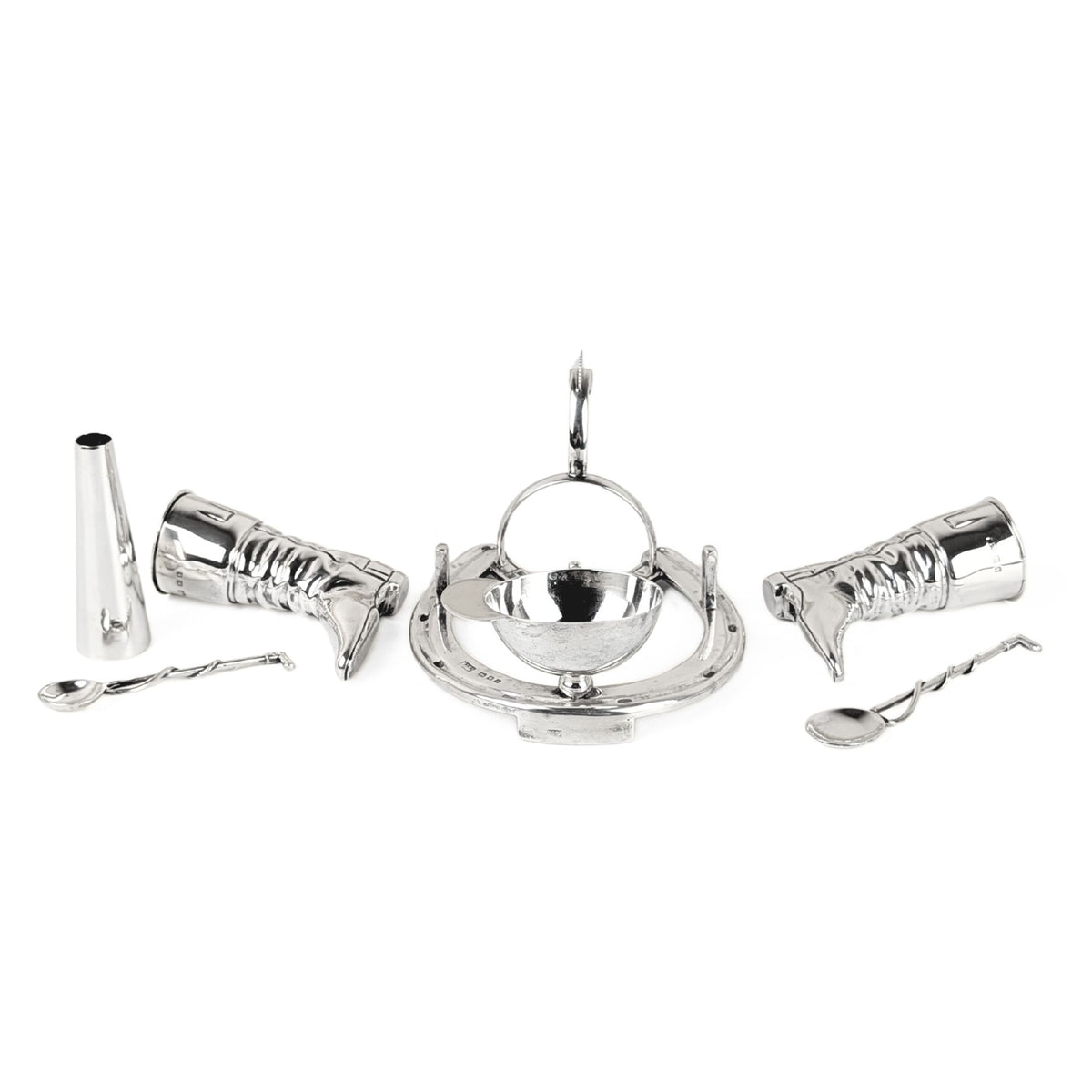 Edwardian 1905 Mappin & Webb Sterling Equine/Horse Jockey Horseshoe Cruet Set