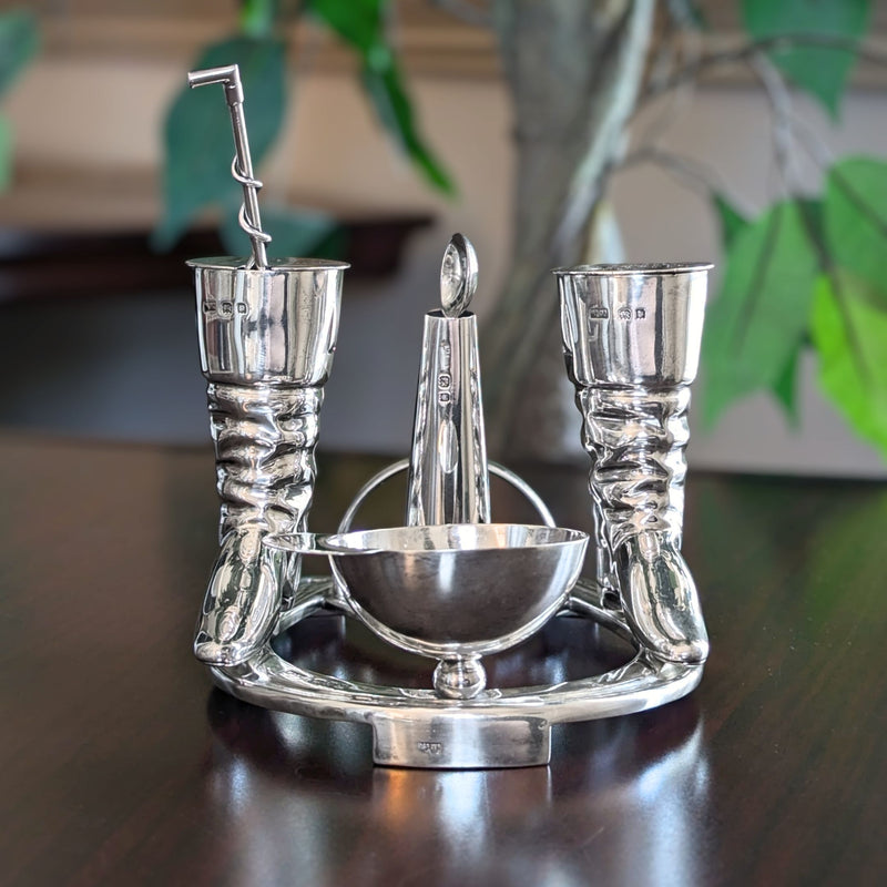 Edwardian 1905 Mappin & Webb Sterling Equine/Horse Jockey Horseshoe Cruet Set