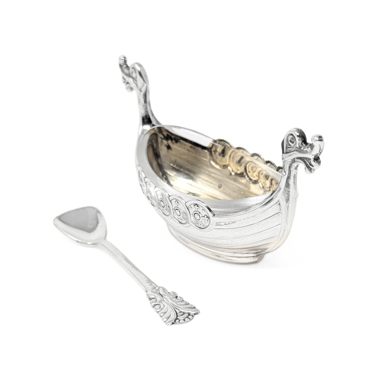 Theodor Olsens Norwegian Sterling Viking Ship Salt Cellar W/ Glass Liner & Spoon