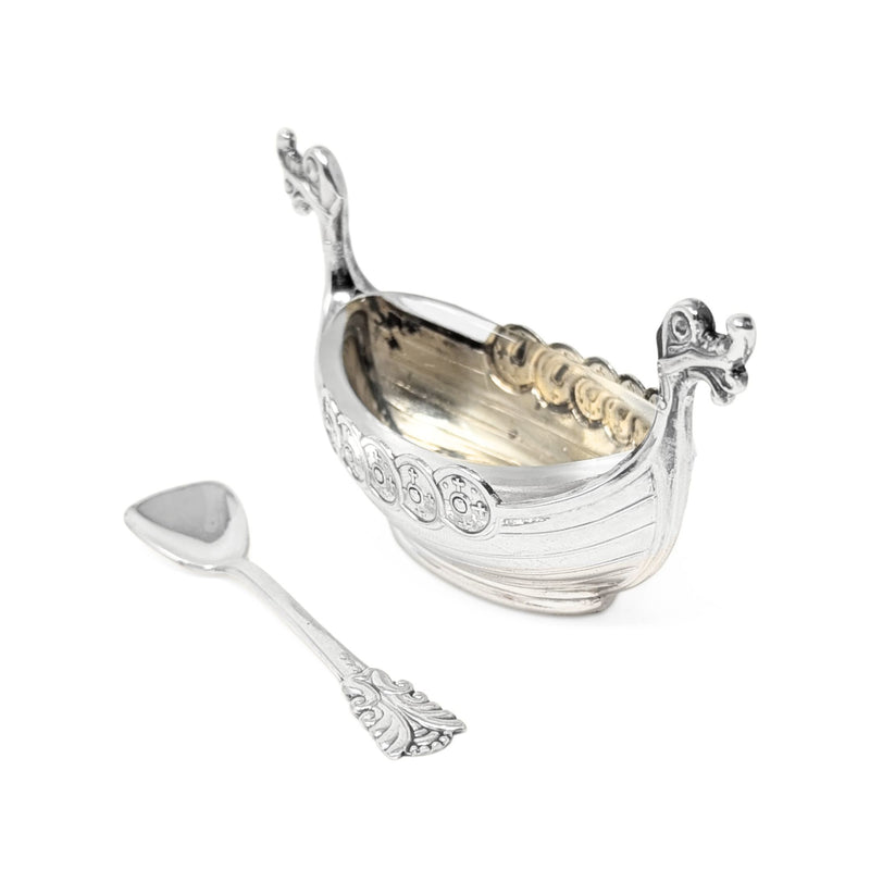 Theodor Olsens Norwegian Sterling Viking Ship Salt Cellar W/ Glass Liner & Spoon