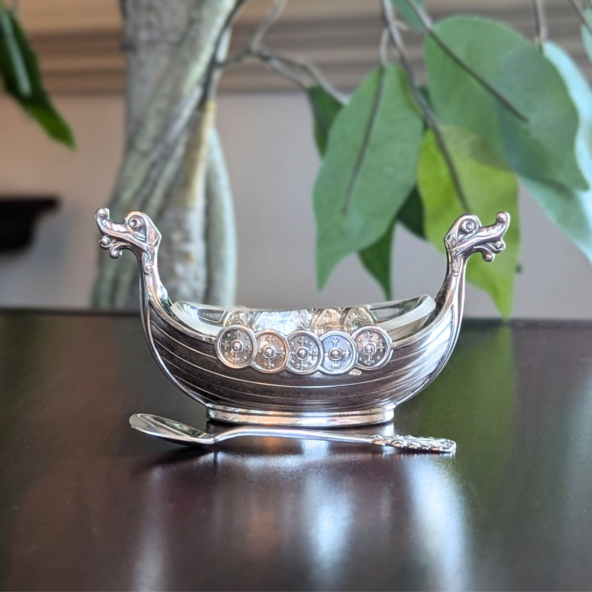 Theodor Olsens Norwegian Sterling Viking Ship Salt Cellar W/ Glass Liner & Spoon