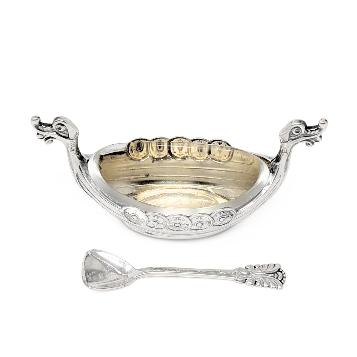 Theodor Olsens Norwegian Sterling Viking Ship Salt Cellar W/ Glass Liner & Spoon